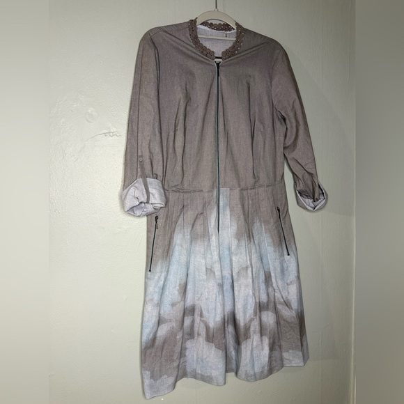 Elie Tahari blue and grey dip die scalloped neck midi shirt dress - Picture 1 of 10